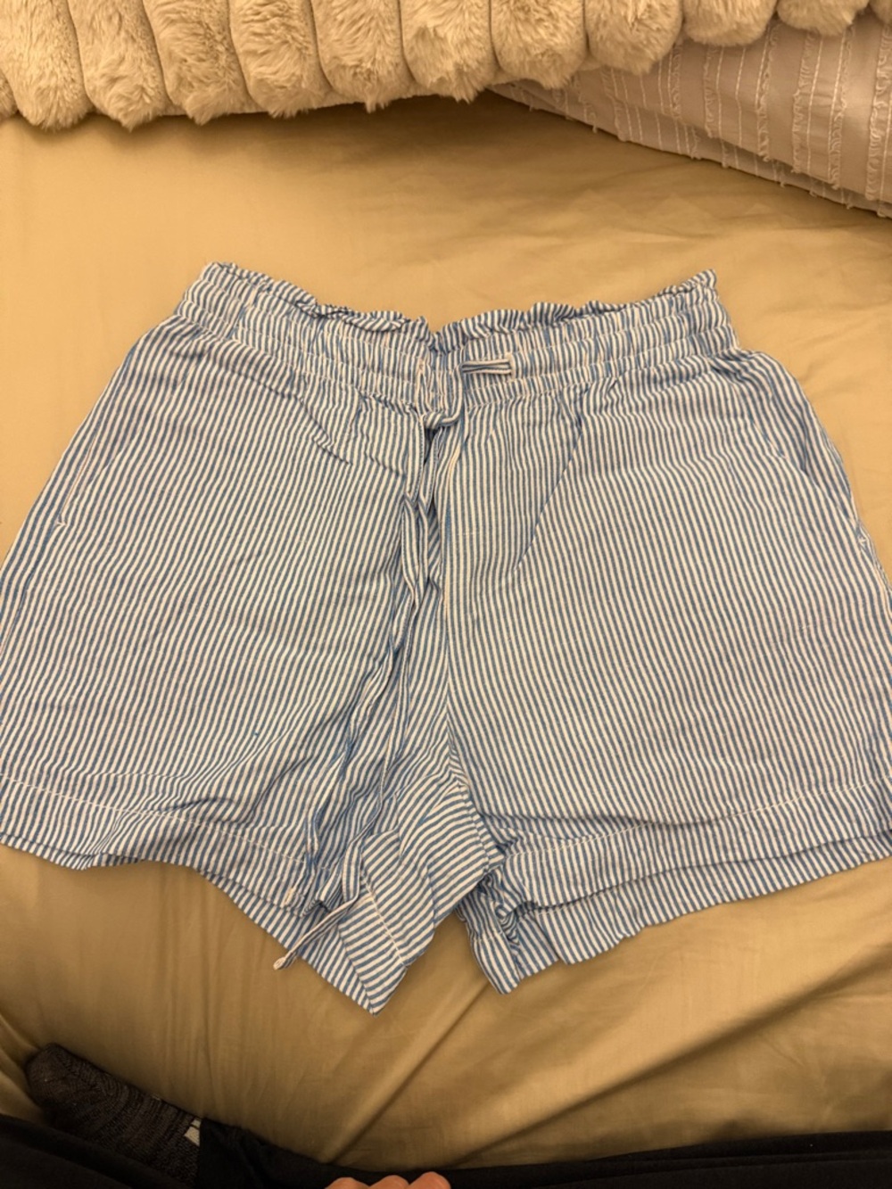 LOFT Light Blue and White Seersucker High-Waist Drawstring Shorts